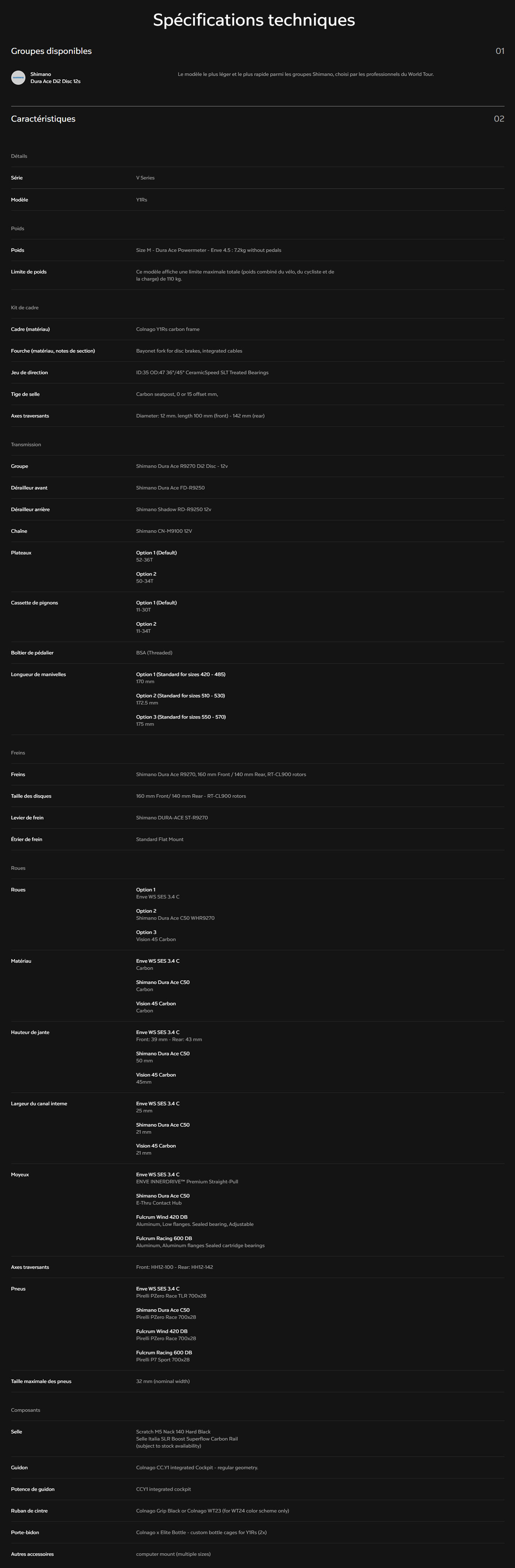 Fiche Technique du vélo Y1RS Dura Ace Di2 Année 2025
